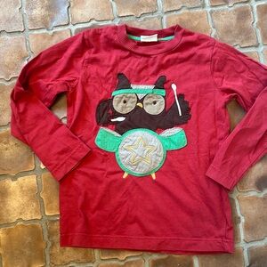 Mini Boden size 5–6 Y red T-shirt, owl drums long sleeve